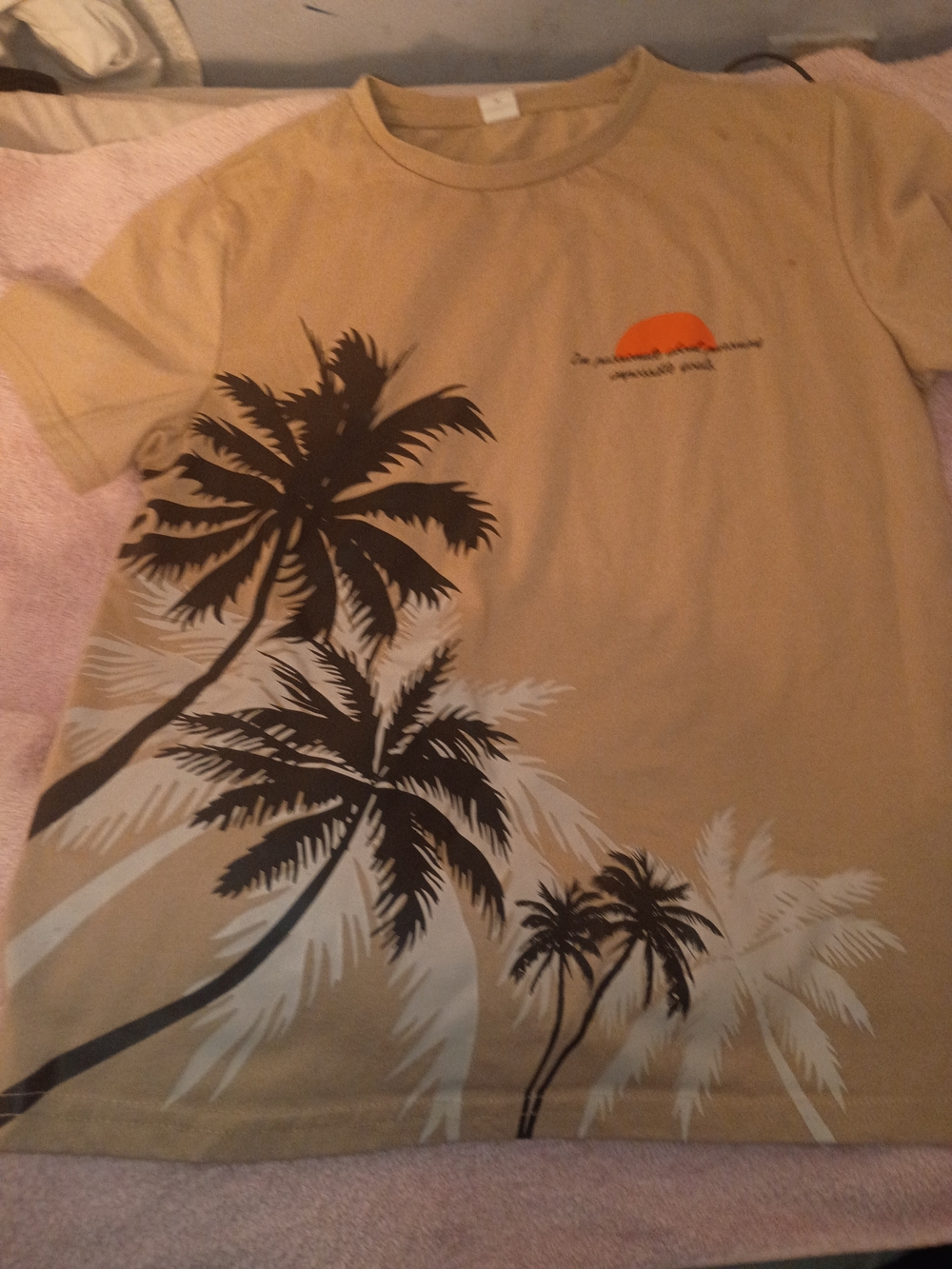 SHEIN Tan Palm Tree Graphic Tee with Orange Sun 11-12y